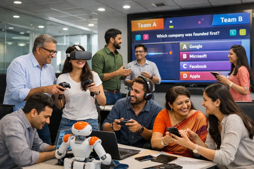 A diverse group of Indian office employees from different generations (Gen X, Gen Y, and Gen Z) interacting together; one woman wears a VR headset, a man uses a game controller, and others laugh while looking at a robot and a digital quiz screen showing Team A vs Team B.