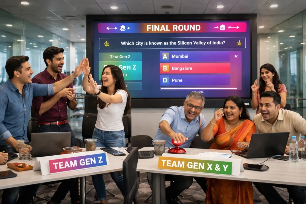 A high-energy corporate quiz competition where "Team Gen Z" and "Team Gen X & Y" are competing; Gen Z team members are high-fiving while the Gen X & Y team reacts with laughter as they use a buzzer for a "Final Round" question on a large digital screen.
