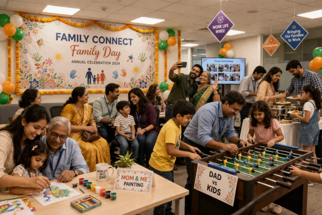 A vibrant "Family Connect" annual celebration in a corporate office decorated with marigold garlands; employees and their families are engaged in activities like "Mom & Me" painting, "Dad vs Kids" foosball, and taking selfies, with a buffet in the background.