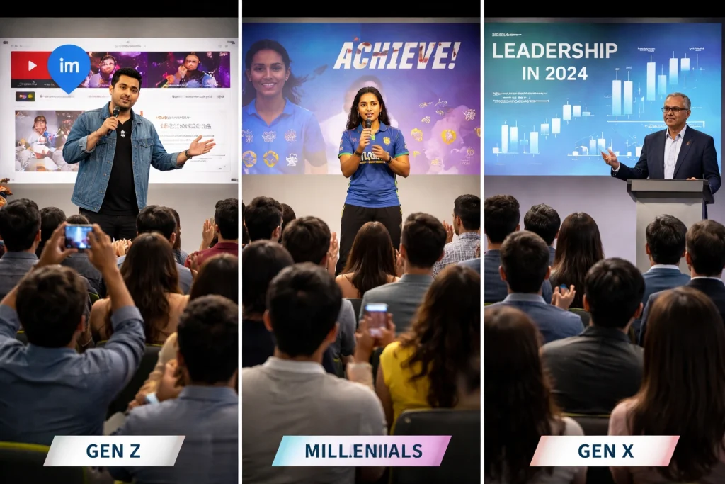 A professional motivational speaker standing in front of a modern office audience, gesturing toward a large digital screen displaying "GROWTH MINDSET" and "STRIVE FOR SUCCESS"; the diverse Indian corporate audience is seated in a brightly lit, contemporary workspace.