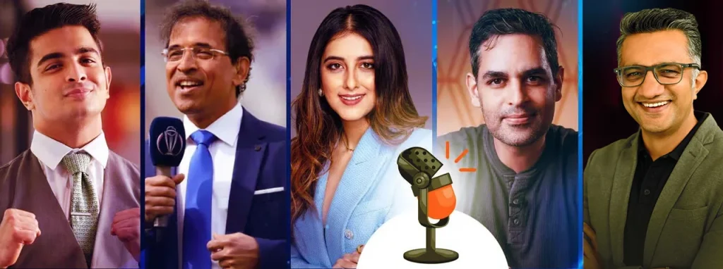 A professional wide-angle banner featuring a collage of Indian intellectual icons like Sadhguru, Ankur Warikoo, and Harsha Bhogle against a sleek corporate backdrop.