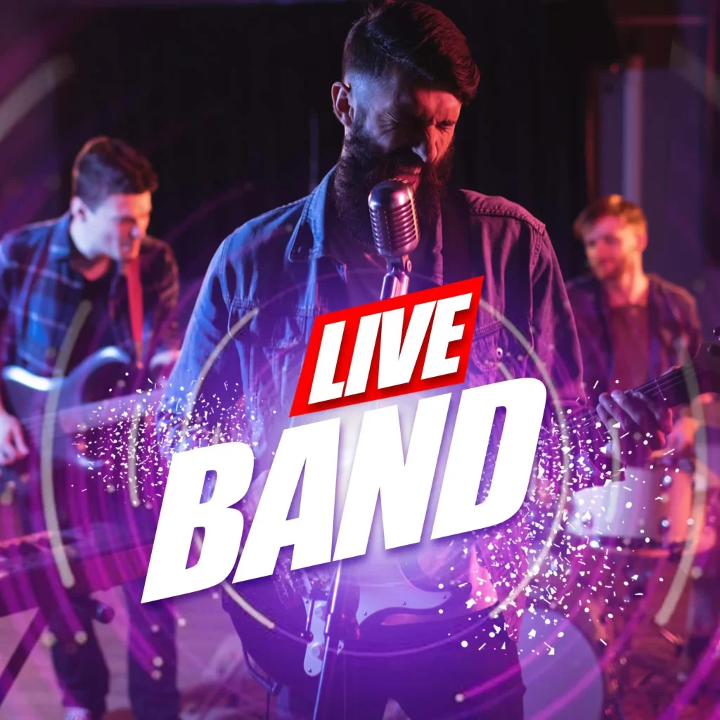 A close-up of a male lead singer with a beard performing into a vintage microphone, flanked by a guitarist and bassist under vibrant purple and red stage lighting, with a "LIVE BAND" graphic overlay.