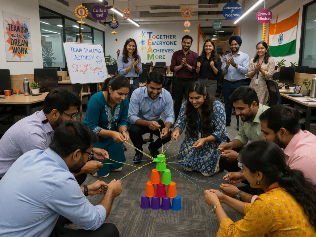 A diverse group of Indian corporate professionals in an office setting, working together on the floor to build a pyramid of colorful cups using a string-and-rubber-band tool; a "Team Building Activity" whiteboard and an Indian flag are visible in the background.