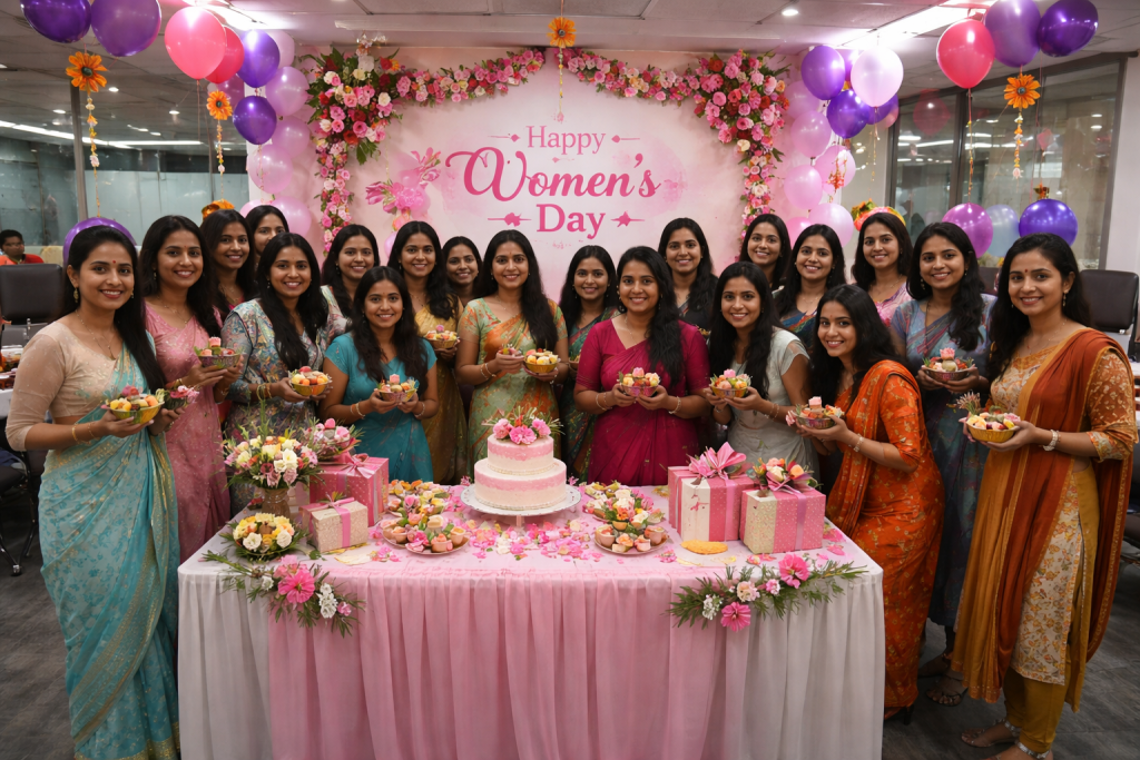 A large group of Indian women professionals in colorful traditional and smart-casual attire gathered around a pink-themed celebration table featuring a two-tier cake, floral arrangements, and pink gift boxes in a modern office setting decorated with purple and pink balloons.