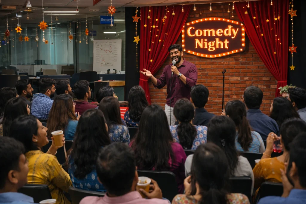 A male stand-up comedian in a maroon shirt performing on a small office stage with a "Comedy Night" marquee sign and red curtains; an attentive Indian corporate audience is seen from the back, laughing and holding coffee cups in a modern office setting.