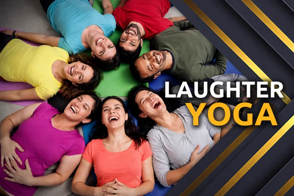A group of seven diverse corporate professionals lying in a circle on colorful yoga mats, laughing heartily with their hands on their stomachs, with a "LAUGHTER YOGA" text overlay and a modern geometric gold and black design on the right.