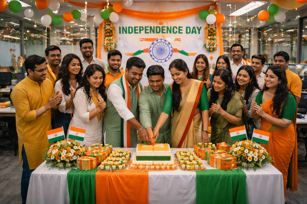 A large group of Indian corporate employees in traditional saffron, white, and green attire gathering around a table to cut a tricolor cake in a decorated office for Independence Day.