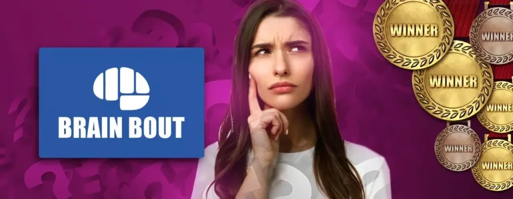 A woman with her hand on her chin in a thinking pose, looking away from the camera, set against a dark purple background filled with question mark symbols. On the left is the engage4more 'Brain Bout' logo, and on the right is a cluster of large, gold and bronze winner medals.