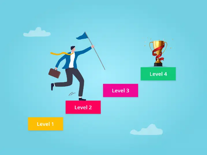 A high-quality digital illustration featuring several interconnected 3D hexagonal blocks representing different organizational values; one block shows a group of diverse professionals collaborating, and another shows a mountain peak being reached, all set against a clean, modern corporate blue and white background.