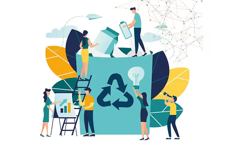 A professional digital illustration showing a diverse team of employees working together around a large recycling bin; one person is on a ladder, another is reviewing a growth chart, and another is looking through a telescope, symbolizing long-term strategic vision.