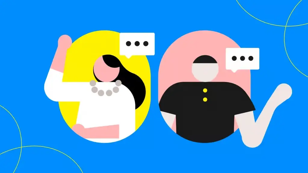 Strategic-Debrief-Session-Corporate-Reflection-ROI A clean, flat-design illustration of two professional figures—a woman in a yellow circle and a man in a pink circle—engaged in a structured dialogue with speech bubbles, set against a vibrant blue background.