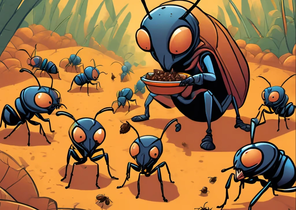 A vibrant cartoon illustration showing a group of blue ants intently observing and receiving feed from a larger, dominant blue ant (the taskmaster) in a sandy environment.