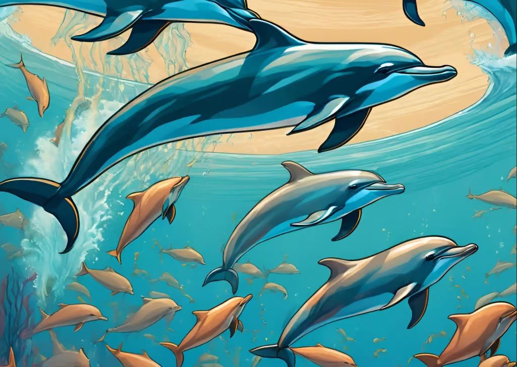 A vibrant, cinematic illustration of a large pod of dolphins swimming in perfect synchronization through deep blue ocean waters, with sunlight filtering from the surface.
