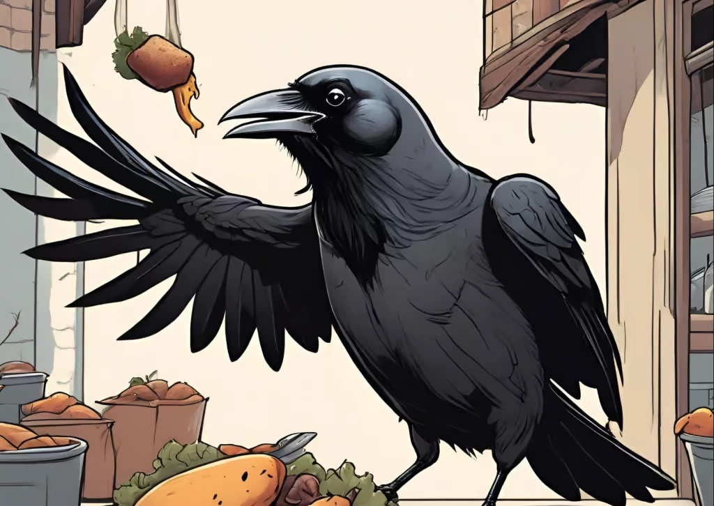 A detailed comic-style illustration of a large black crow using its beak and a tool to interact with food, symbolizing intelligence and creative problem-solving.