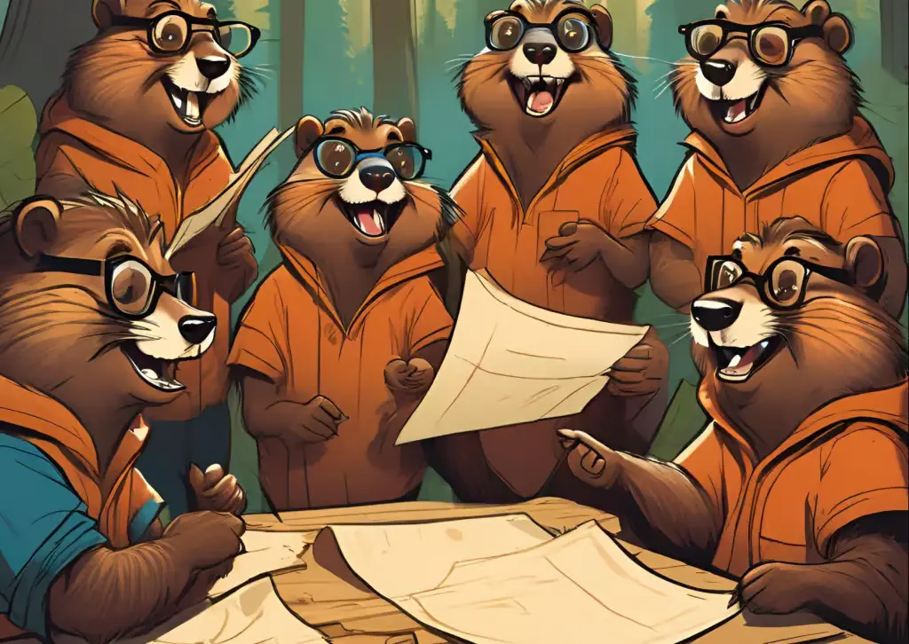 A colorful cartoon illustration of six beavers wearing glasses and orange shirts, gathered around a wooden table in a forest, intently studying and discussing architectural blueprints.