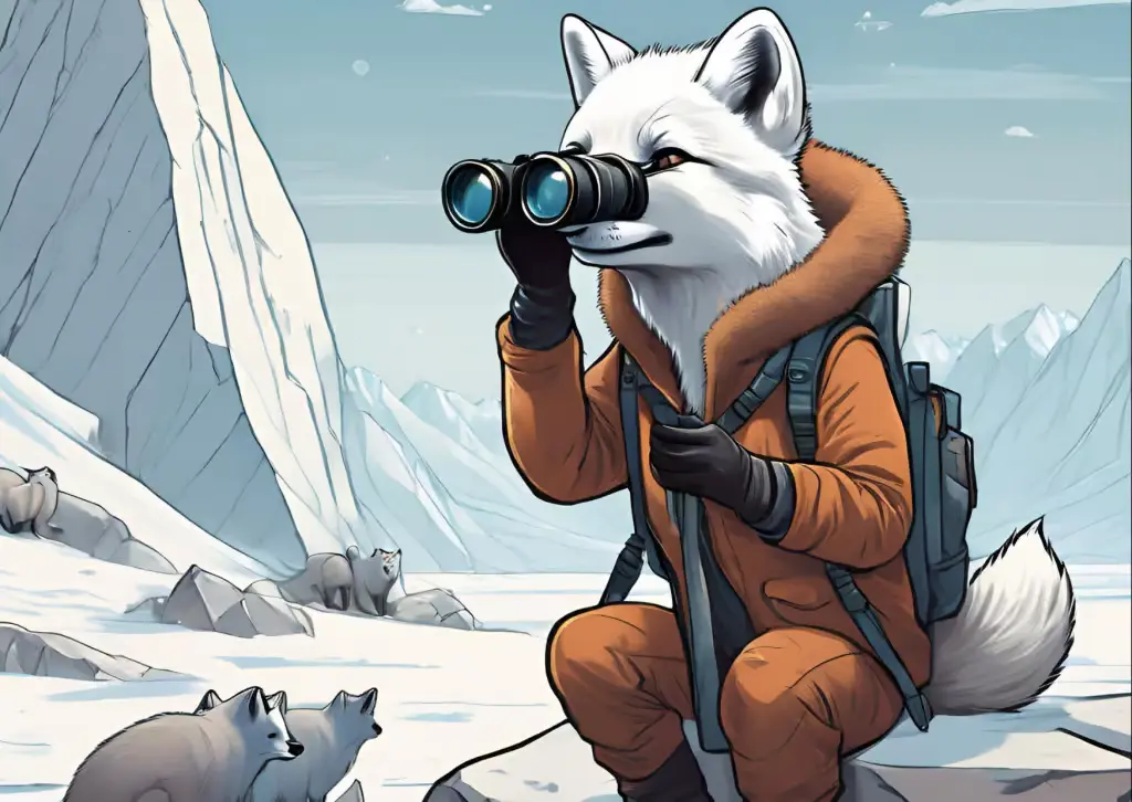 A high-quality digital illustration of an Arctic Fox in a professional orange parka and backpack, sitting on a snowy mountain peak and using binoculars to scout the horizon.