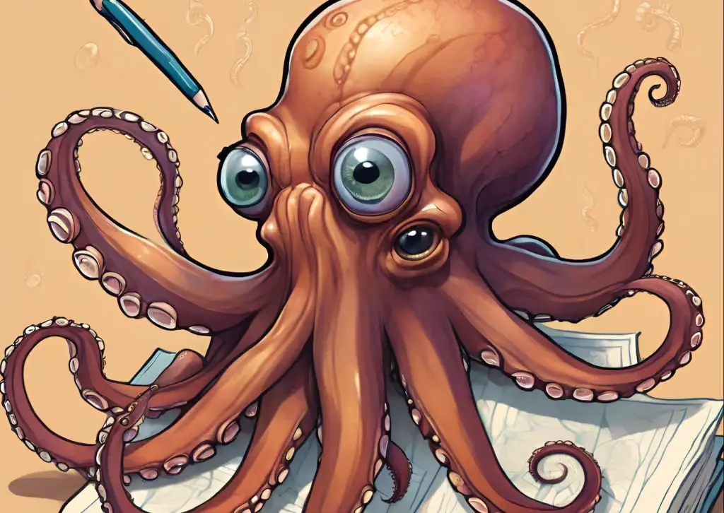 A high-quality digital illustration of an intelligent octopus with multiple large eyes, holding a pen and hovering over a document, symbolizing multitasking, high cognitive processing, and strategic adaptability.