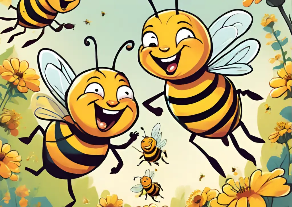 A joyful cartoon illustration of several honeybees with large, expressive eyes flying amidst yellow flowers, symbolizing active communication and the "buzz" of a productive team.