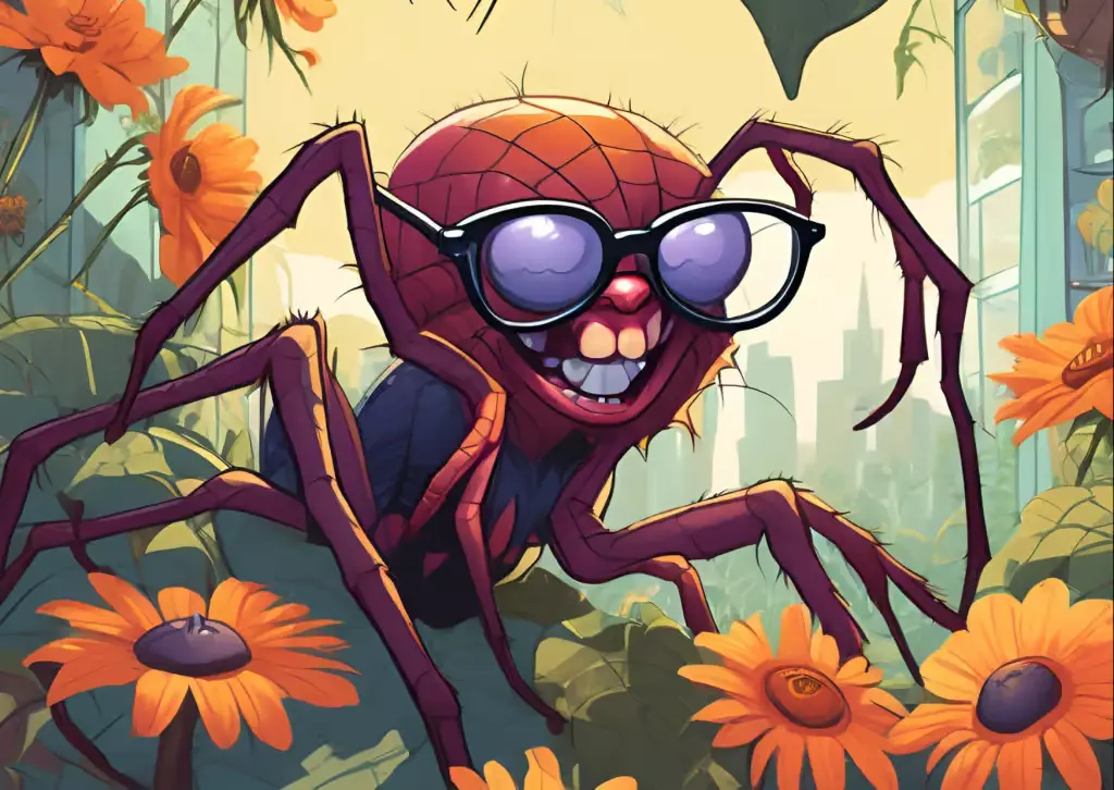 A playful and vibrant digital illustration of a smiling spider wearing large purple glasses, set against a backdrop of a city skyline and orange flowers, symbolizing intricate design and connectivity.