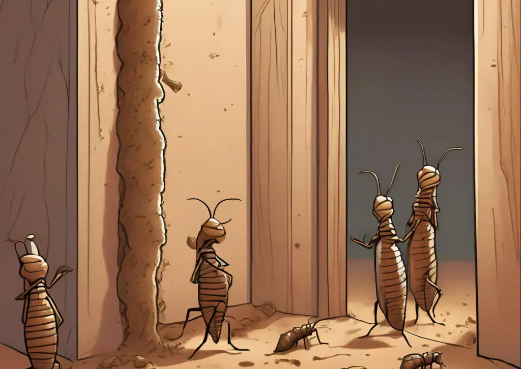 A detailed digital illustration of several termites standing upright like architects in a mud structure, meticulously inspecting and building a vertical tunnel, symbolizing structured processes and operational perfection.