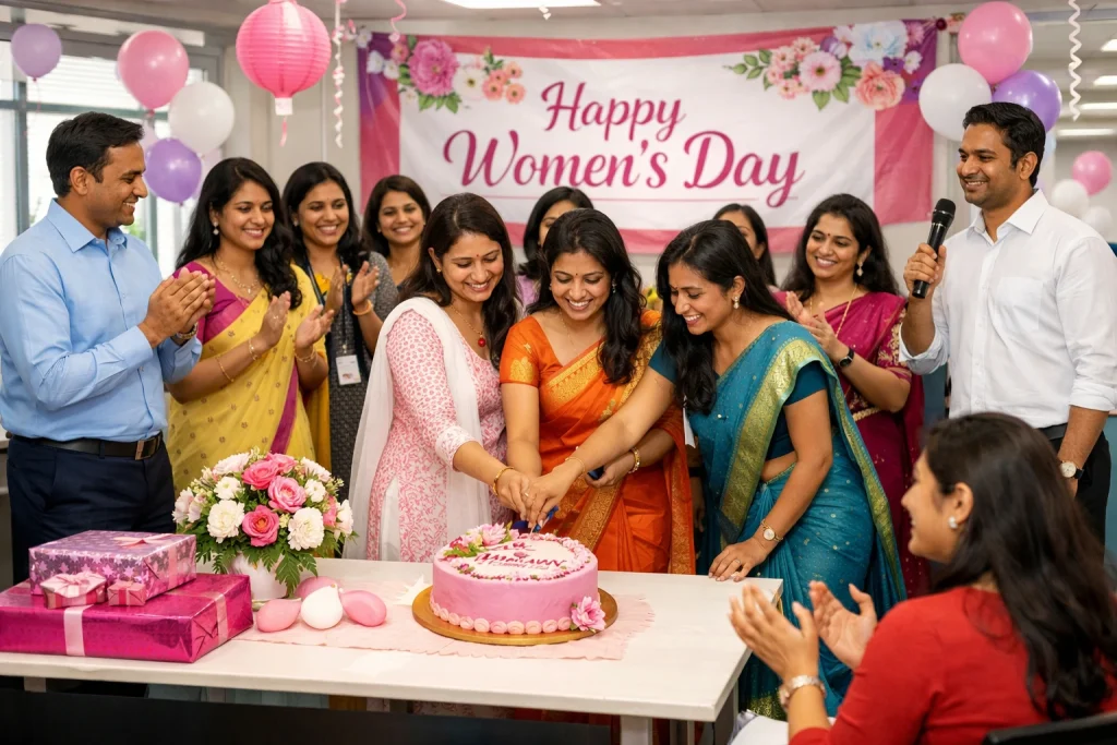 A group of Indian corporate professionals in traditional and formal attire celebrating Women's Day in an office, with three women cutting a pink cake surrounded by colleagues clapping.