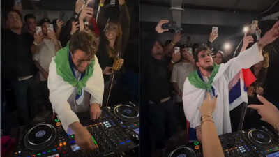 Two side-by-side photos of a DJ performing at a bunker party in Tel Aviv during the Iran-Israel war, showing a crowd celebrating despite the conflict.