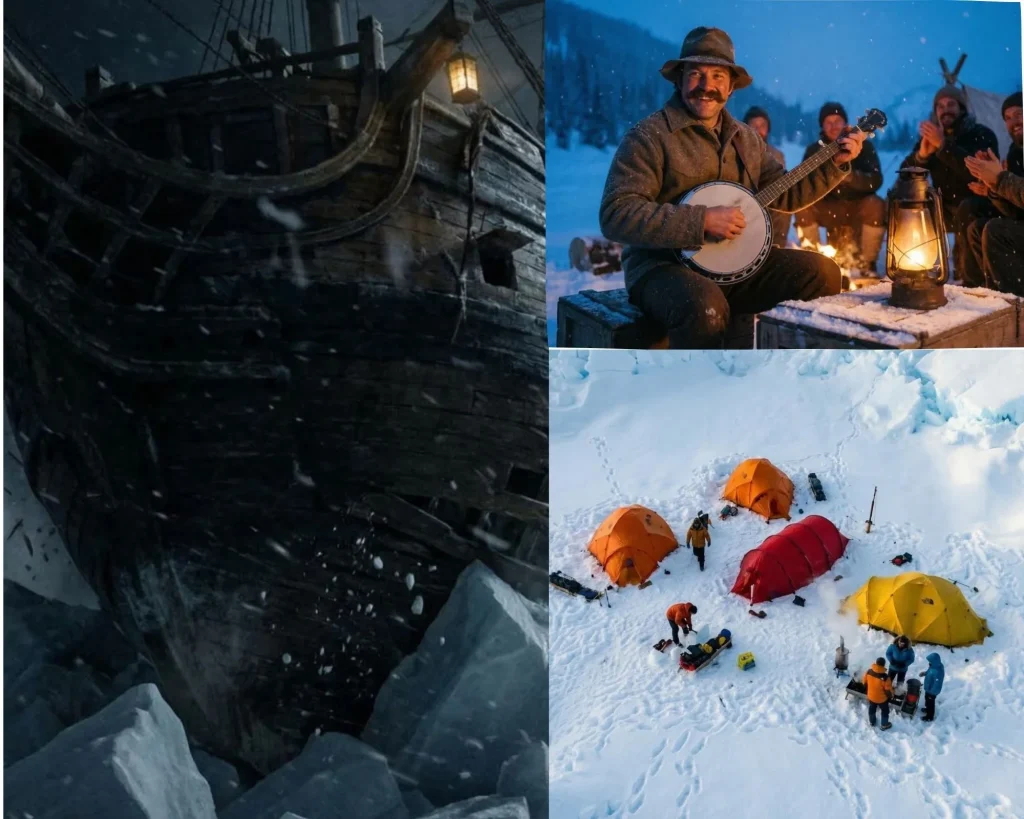 A photo collage featuring Shackleton's ship, Endurance, trapped in Antarctic ice, alongside modern reenactments of crew members playing music by a campfire and an expedition camp in the snow.