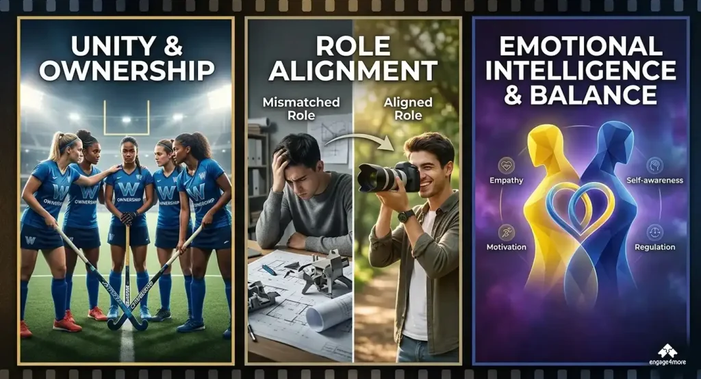 A two-panel graphic in the MORE² Wildlife Series featuring playing otters for "Enjoyment" (Joy of Task) and elephants supporting a calf for "Emotional Connect" (Safe Space).