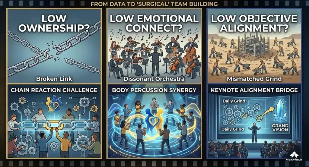 Corporate leaders engaged in a strategic board game simulation during a MORE² framework executive workshop.