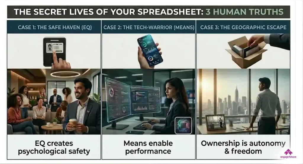 A 3-panel infographic titled "The Secret Lives of Your Spreadsheet" illustrating how EQ creates psychological safety, Means enable performance, and Ownership represents autonomy.