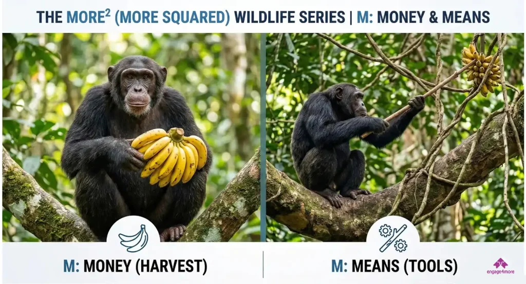 Alt Text: A two-panel comparison featuring chimpanzees; one chimpanzee holds a harvest of bananas (representing Money) while the other uses a wooden stick as a tool to reach food (representing Means).