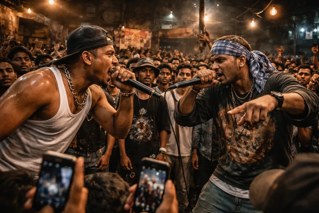 Two men in casual urban attire engaged in an intense rap battle with microphones, surrounded by a crowd of people recording on their phones in a high-energy, grit-themed setting.