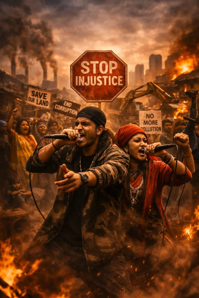 Dramatic, cinematic image of two indigenous rappers performing amidst a protest scene with signs reading "Stop Injustice" and "End Corruption."