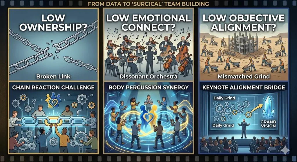 A 3-panel infographic comparing workplace problems—broken chains, a dissonant orchestra, and mismatched construction work—with surgical solutions like Chain Reaction, Body Percussion, and Keynote bridges.