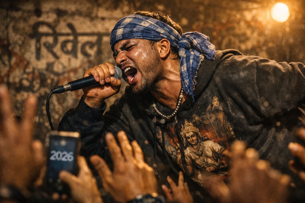 An Indian indigenous rapper with a blue checkered headband performing with intensity before a crowd, with "Rebel" written in Hindi on the wall behind him.
