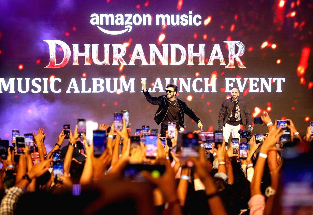 Ranveer Singh, Aditya Dhar, and the musical team of Dhurandhar during the grand album launch event in Mumbai.