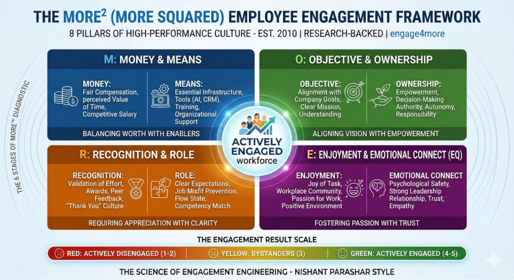 Complete MORE Squared Employee Engagement Framework diagram detailing the 8 pillars: Money, Means, Objective, Ownership, Recognition, Role, Enjoyment, and Emotional Connect.