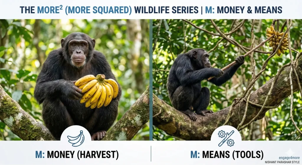 Side-by-side images of a chimpanzee holding bananas (Money/Harvest) and a chimpanzee using a stick as a tool (Means/Tools).