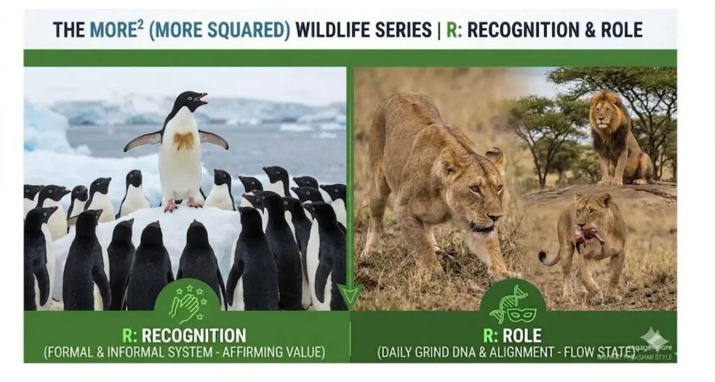 Comparison of a penguin standing out in a colony (Recognition) and a lioness bringing back a kill (Role/Flow State).