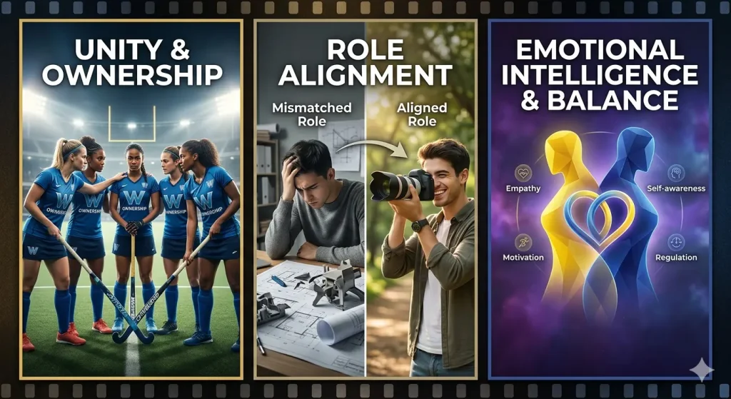 A three-panel cinematic infographic showing a women's hockey team for Unity and Ownership, a student-to-photographer transition for Role Alignment, and abstract silhouettes for Emotional Intelligence.