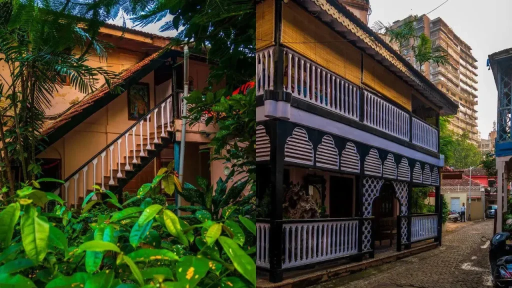 khotachiwadi-heritage-walk-mumbai-team-building A split image showing a traditional Portuguese-style bungalow with a wooden staircase and an ornate balcony in the historic Khotachiwadi village of Mumbai.