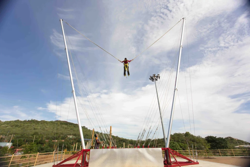 A corporate professional experiencing the Bungee Ejection at Sahas Adventure, Ramoji Film City, Hyderabad