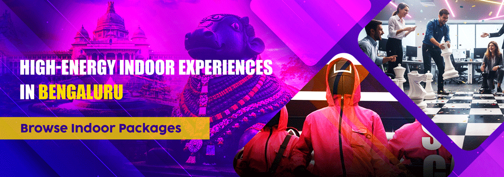 Corporate teams playing giant chess and indoor group activities in Bengaluru with Vidhana Soudha background