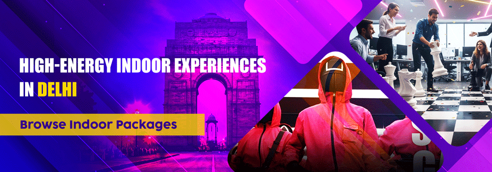 Corporate teams participating in high-energy indoor games and giant chess in Delhi office setting