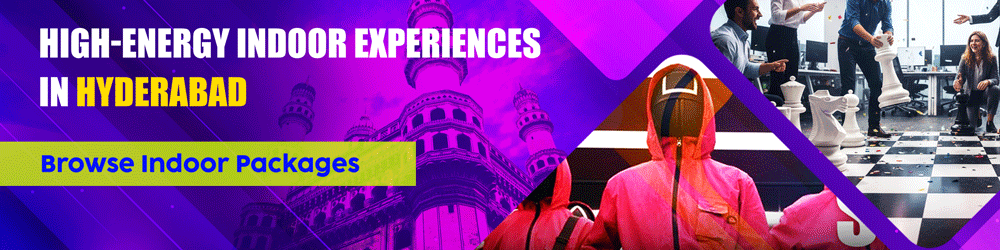 Vibrant banner for high-energy indoor team building in Hyderabad featuring the Charminar monument, a human-sized chess game, and facilitators in pink Squid Game-inspired jumpsuits