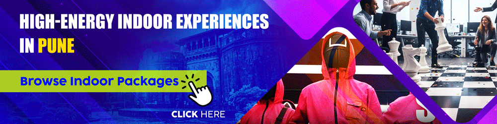 Corporate teams in Pune participating in high-energy indoor activities including giant chess and Squid Game themed challenges