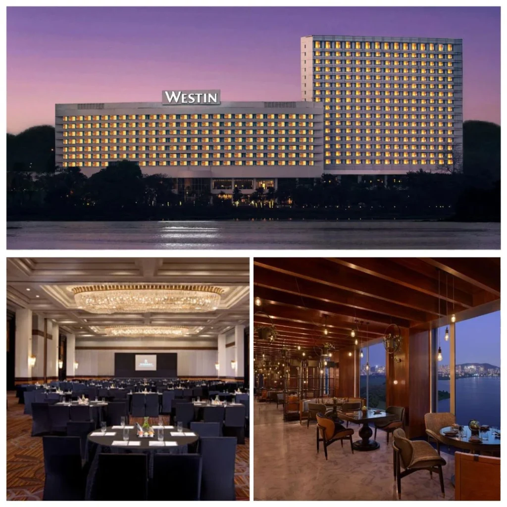 The Westin Mumbai Powai Lake – Premium Corporate Offsite Venue A collage of The Westin Mumbai Powai Lake featuring the illuminated hotel exterior, a grand corporate ballroom setup, and a luxury lakeside dining view.