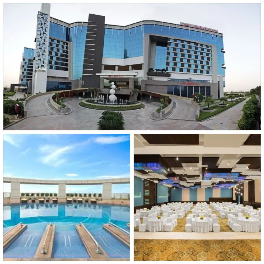 Crowne Plaza Greater Noida - Industrial Scale Specialist A collage of Crowne Plaza Greater Noida featuring the massive glass-fronted exterior, a serene outdoor circular swimming pool, and a large, modern banquet hall set up for a corporate dinner.