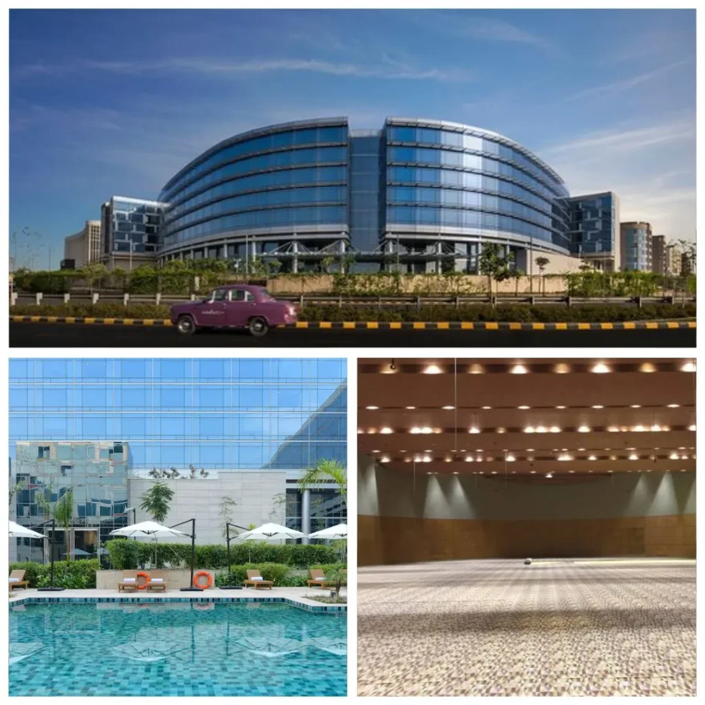 Andaz Delhi Aerocity - The Creative Sanctuary A collage of Andaz Delhi featuring its massive curved blue glass facade with a vintage purple car in the foreground, a modern poolside with white umbrellas, and a wide-angle view of its sleek, open-plan event space.