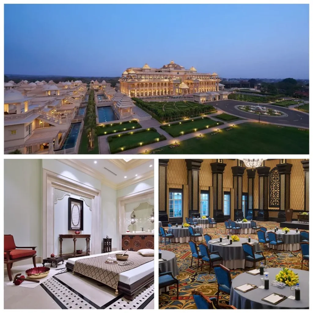 A luxury collage of ITC Grand Bharat featuring its palatial estate at twilight, a serene Kaya Kalp spa treatment room with traditional Indian decor, and the Prithvi ballroom set up with elegant blue chairs for a corporate conference.